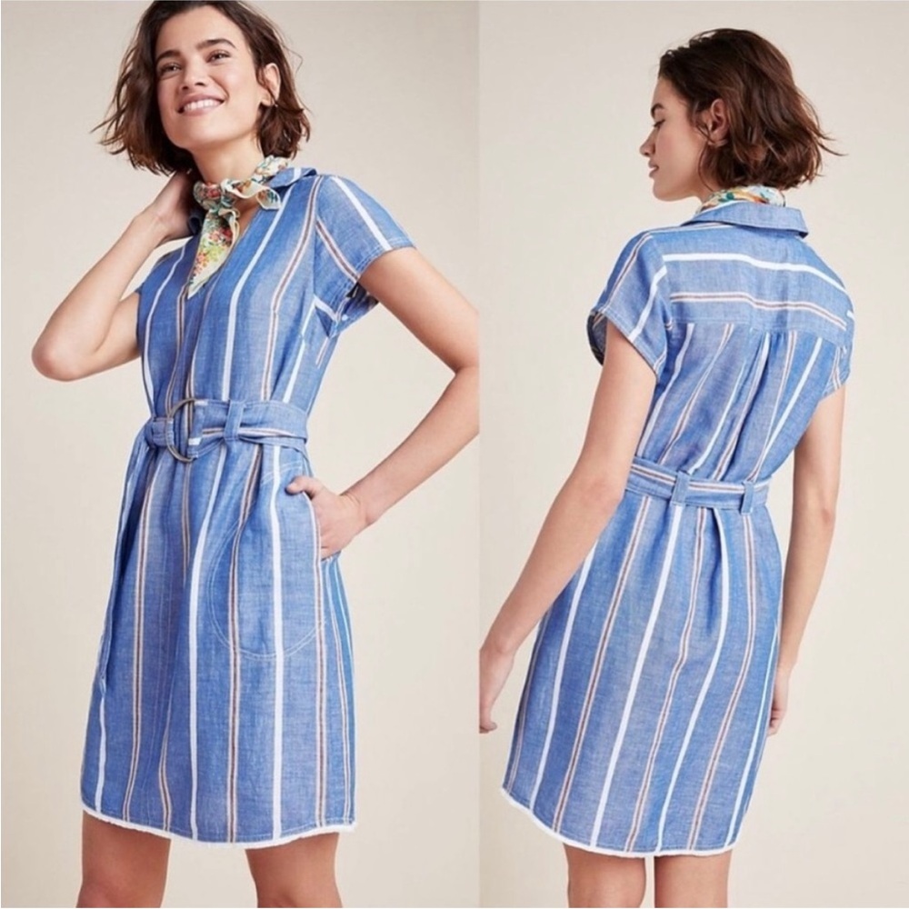 Anthropologie Pilcro Blue Striped Collared Linen Cotton Dress 2 P